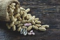 Peanuts in sack on wooden table. Peanut macro. Peanuts seed