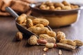 Peanuts in shell. Groundnuts in scoop on wooden table Royalty Free Stock Photo