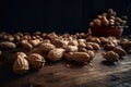 Peanuts in shells with fresh groundnut on a table.