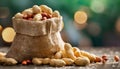 Peanuts in small burlap bag. Tasty and healthy snack. Natural backdrop