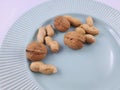 Peanuts and walnuts on green plate Royalty Free Stock Photo
