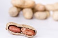 Peanuts on a white background. Isolated. Building from nuts. Balance. Open shell. Nutrition. Peanuts butter Royalty Free Stock Photo