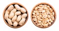 In-shell roasted peanuts, with shells and peeled, in wooden bowls Royalty Free Stock Photo