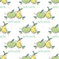 Pear and apple with funny faces. Hand drawn natural fruits hugging. Seamless pattern with doodle of fresh foods Royalty Free Stock Photo