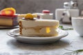 Pear and apple mousse cake, delicious white and yellow. Appetizing bright desserts