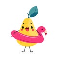 Pear as Summer Fruit Character with Flamingo Rubber Ring Enjoying Vacation and Having Fun Vector Illustration