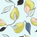 Pear blossomnursery pattern. Hand-drawn fruit design in pastel colors. Summer vintage fashion. Cute pink green tasty