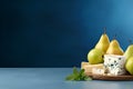 Pear and blue cheese banner with copy space for text. Wine appetizer. Fresh pears with blue cheese on a wooden cutting board on