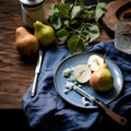 Pear and blue cheese on a ceramic plate on a wooden rustic table. Still life photography. Fresh slices pear with blue cheese on a Royalty Free Stock Photo