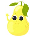 Pear in cartoon style. A fruit with a face and a leaf is happy and smiling. Character design for baby food, packaging, for fruit