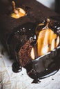 Pear chocolate cake on the rustic background