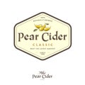 Pear Cider label. Pear beverage in hexagon frame. Some ripe pears and leaves.