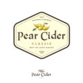 Pear Cider label. Pear beverage in hexagon frame. Some ripe pears and leaves.