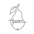 Pear contour with lettering inside. Drawing with black one continuous line. Stylized hand drawn vector illustration. Print, poster