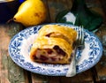 Pear and cranberry strudel .selective focus. Royalty Free Stock Photo
