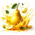 Pear falling into juice splash on white background