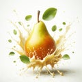 Pear falling into juice splash on white background. AI generated Royalty Free Stock Photo