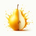 Pear falling into juice splash on white background. AI generated