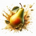 Pear falling into juice splash on white background