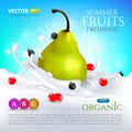 Pear falling in milk or yogurt with splashes and currants berries. Royalty Free Stock Photo