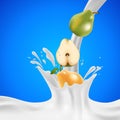 Pear falling into the milky splash