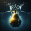 a pear falling into a water fountain, forming a crown of water. Royalty Free Stock Photo