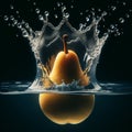 a pear falling into a water fountain, forming a crown of water Royalty Free Stock Photo