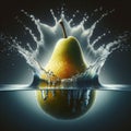 a pear falling into a water fountain, forming a crown of water.