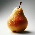 a pear in the foreground, with drops of water after a rain and a leaf decorating the scene.