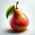 a pear in the foreground, with drops of water after a rain and a leaf decorating the scene.