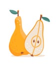 Pear Fresh Yellow Fruit - Full And Half. Flat cartoon hand drawn vector Illustration isolated on white. Royalty Free Stock Photo