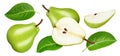 Pear fruit with green leaf and half isolated Royalty Free Stock Photo