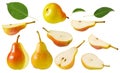 Pear fruit isolated. Set of red yellow ripe juicy whole pears with green leaf and cut into slices isolated on white background Royalty Free Stock Photo
