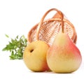 Pear fruit and wicker basket on white background cutout