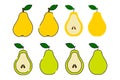 Pear green and yellow. Cartoon flat style. Isolated on a white background. Vector illustration. Sliced fruit with seeds. Royalty Free Stock Photo