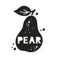 Pear grunge sticker. Black texture silhouette with lettering inside. Imitation of stamp, print with scuffs