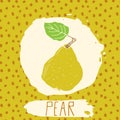 Pear hand drawn sketched fruit with leaf on background with dots pattern. Doodle vector pear for logo, label, brand identity.