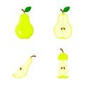 Pear icon set, whole, half of fruit with leaf, stub on a white background. Fruit Vector illustration Royalty Free Stock Photo