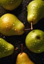 Pear Isolated on black Background. fresh Pear collection on stone background, top view. Tasty and healthy food