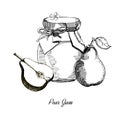 Pear jam.Hand drawn illustration. Ink sketch of canning pears, isolated on white background. Royalty Free Stock Photo