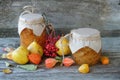 Pear jam in jars and fresh pears