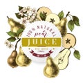 Pear juice paper emblem over hand drawn pears, flower and slices
