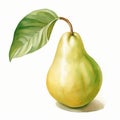 Pear with Leaf Isolated on White Background. Watercolour illustration. Generative AI. Royalty Free Stock Photo