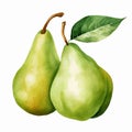 Pear with Leaf Isolated on White Background. Watercolour illustration. Generative AI. Royalty Free Stock Photo