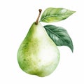 Pear with Leaf Isolated on White Background. Watercolour illustration. Generative AI. Royalty Free Stock Photo