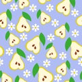 Pear with leaves and flowers on purple background. Summer fun fruit seamless pattern. Cartoon style Royalty Free Stock Photo