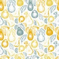 Pear with leaves seamless pattern. Hand drawn vector garden fruit illustration. Engraved style fruit design. Retro botanical Royalty Free Stock Photo