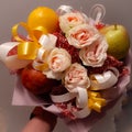 Bouquet, beautiful, gentle, unusual, flowers, fruit, bright, colourful
