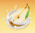 Pear and milk splash. Fruit and yogurt. 3d vector icon