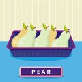 Pear on the plastic food packaging tray wrapped with polyethylene. Vector illustration Royalty Free Stock Photo